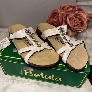 Betula by Birkenstock Tango Opal White Rhinestone Leather Cork Sandals sz 7 NIB